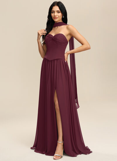 Corte em a decote coração plissado chiffon vestido