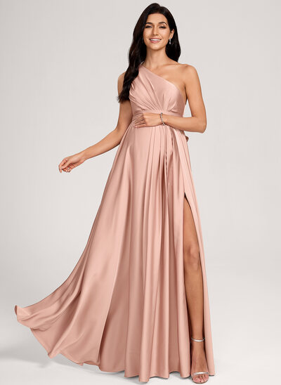 Kjole med A-linje One-Shoulder Gulvlængde Matte Satin Graviditetskjoler med Flæsekanter 