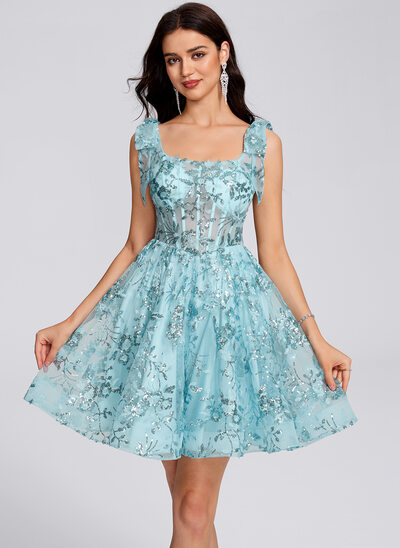 A-line Square Short Lace Homecoming Dress With Bow Sequins 