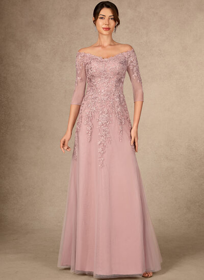 A-lijn-jurk off-the-shoulder vloer lengte tule kant moeder van de bruid jurk met pailletten 