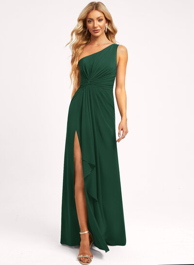 Kjole med A-linje Asymmetrisk One-Shoulder Gulvlængde Chiffon Brudepigekjole med Flæsekanter 