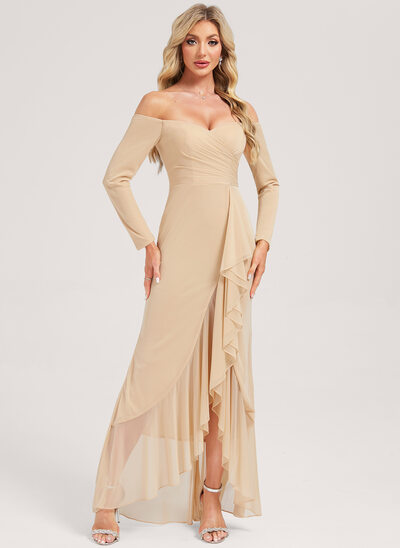 A-line Off the Shoulder Asymmetrical Mesh Bridesmaid Dress With Ruffle 