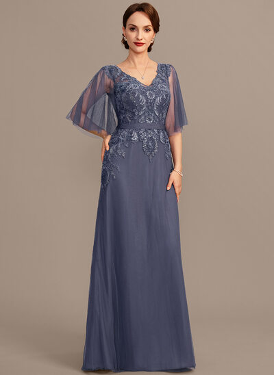 A-line V-Neck Floor-Length Lace Tulle Mother of the Bride Dress With Sequins Beading 