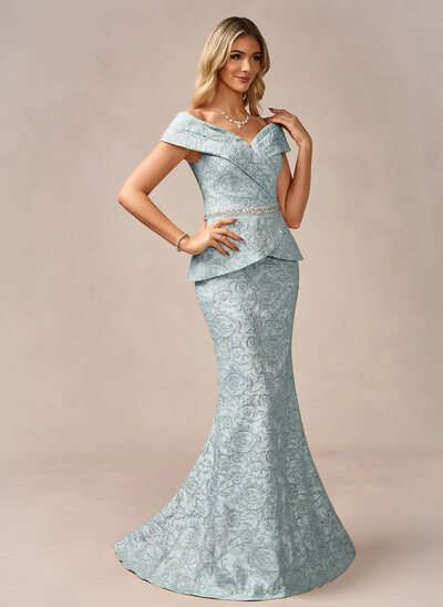 Trompet/Havfrue Skulderfri Sweep/Børste train Jacquard Festkjole med Rhinestone 