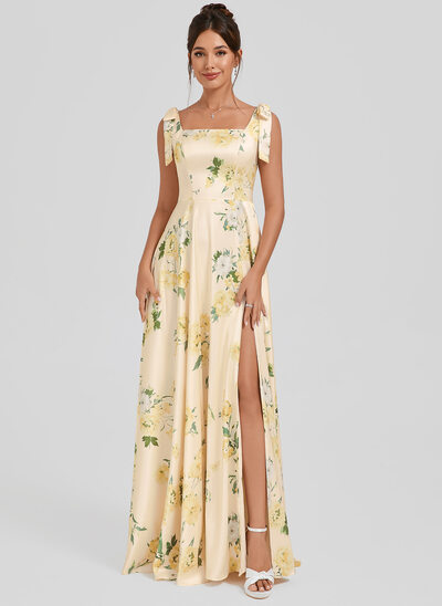 Robe de demoiselle d'honneur trapèze col carré longueur ras du sol satin mat avec nœud 