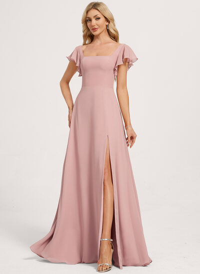 A-line Square Floor-Length Chiffon Bridesmaid Dress With Ruffle 
