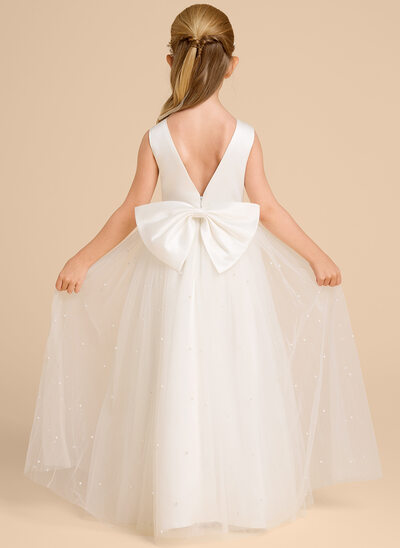 A-line V-Neck Ankle-Length Satin Tulle Flower Girl Dress With Beading Sash Bow 