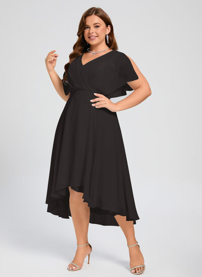 A-line V-Neck Asymmetrical Chiffon Cocktail Dress With Ruffle 