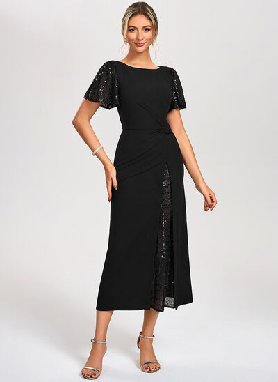 Sheath/Column Boat Neck Tea-Length Stretch Crepe Sequin Cocktail Dress 