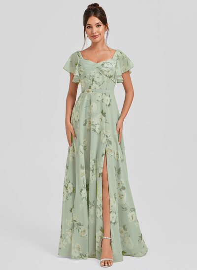 Robe de demoiselle d'honneur trapèze col v longueur ras du sol mousseline avec volants 