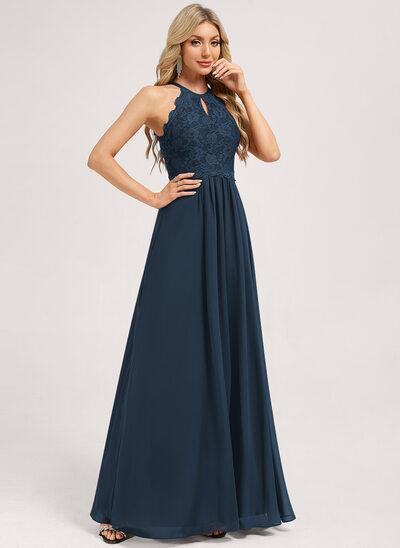 A-linja pyöreä kaula-aukko lattiaa hipova pituus pitsi sifonki morsiusneitojen mekko 