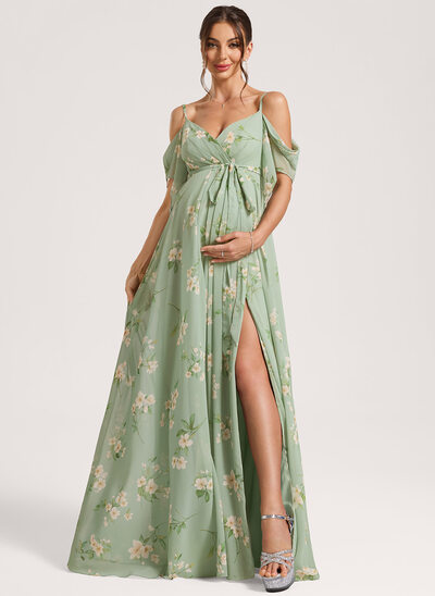 A-Linien-Kleid Schulterfrei Bodenlang Chiffon Umstandskleider mit Schleife Falten 