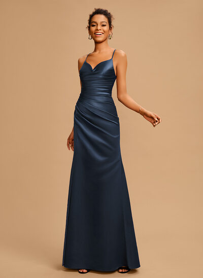 Sheath/Column V-Neck Spaghetti Straps Pleated Satin Dress