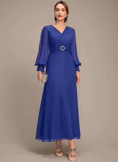 A-line V-Neck Ankle-Length Chiffon Mother of the Bride Dress With Crystal Brooch Pleated 