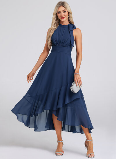 A trapezio all'americana asimmetrico midi chiffon abito da cocktail con fiocco 