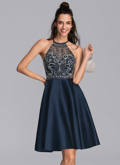 A-Line Scoop Neck Knee-Length Satin Homecoming Dress With Beading Sequins Pockets 
