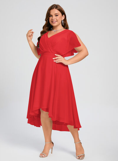 A-линии V шеи асимметричный Шифон Платье Подружки Невесты с Рябь 