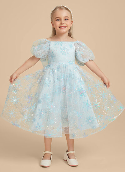 A-linja kylmä olkapää polven alle pitsi paljetti kukka tyttö mekot jossa keula 