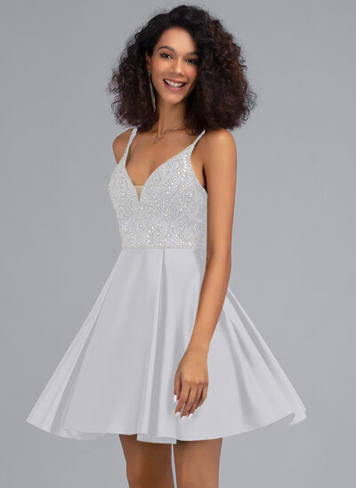 Robe trapèze col v court/mini satiné robe de soirée étudiante avec brodé paillettes 