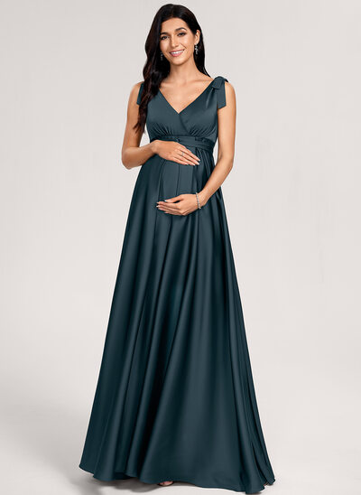Kjole med A-linje V-hals Gulvlængde Matte Satin Graviditetskjoler med Flæsekanter Sløjfe 