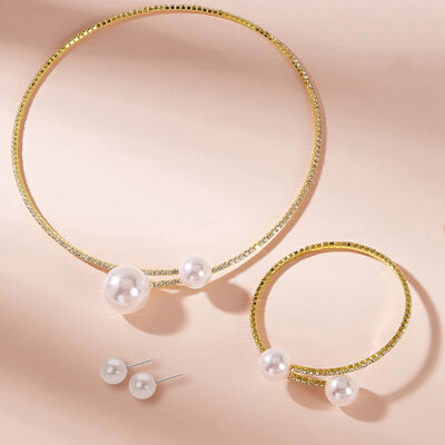 Pave Pearl Wedding Bracelet Jewelry Sets (Set of 3)