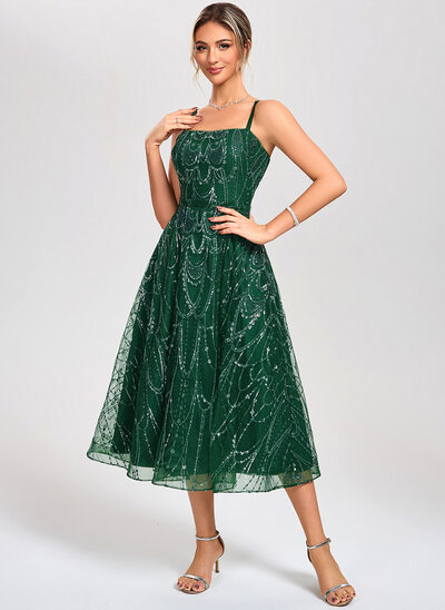 Línea a cuello cuadrado hasta la tibia encaje tul vestidos de cóctel con lentejuelas 