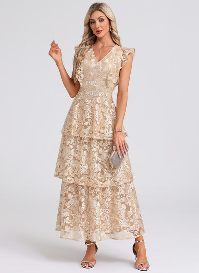 A trapezio scollo a v lungo alla caviglia pizzo abito da cocktail con volant a cascata 