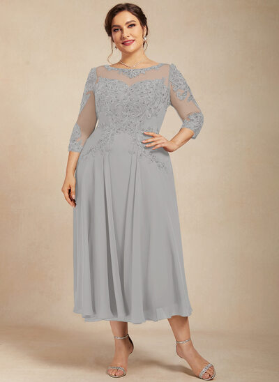 A-линии Совок шеи Иллюзия Длина ниже колен Шифон кружевной Платье Для Матери Невесты с блестки развальцовка 