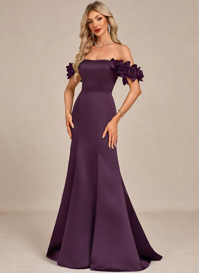 Off the Shoulder 3D Floral Satin Maxi Dress