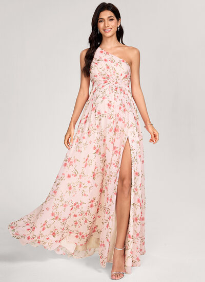 Kjole med A-linje One-Shoulder Gulvlængde Chiffon Graviditetskjoler med Flæsekanter 