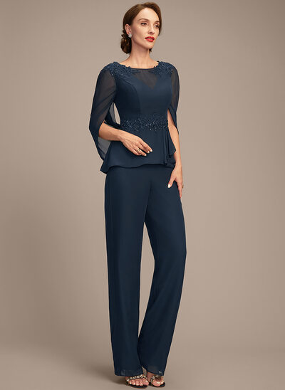 Pantsuits Separates Scoop Floor-Length Chiffon Lace Mother of the Bride Dress With Cascading Ruffles Sequins Beading 