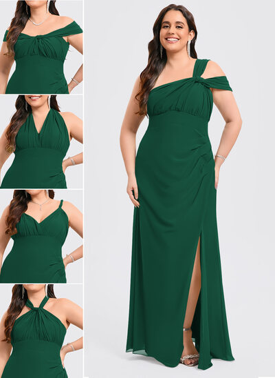 Trumpet/Mermaid Halter Off the Shoulder One Shoulder V-Neck Floor-Length Chiffon Bridesmaid Dress With Ruffle 