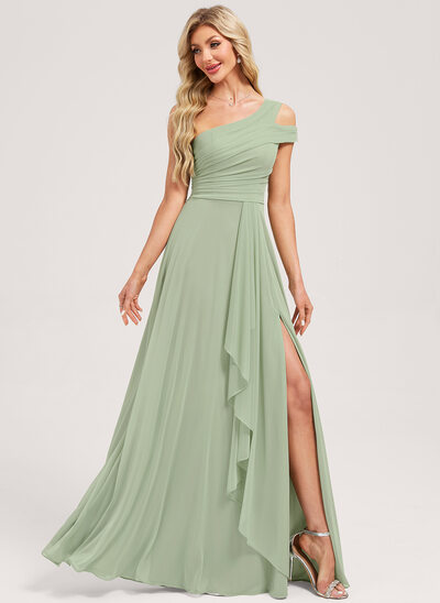 A-line One Shoulder Floor-Length Mesh Bridesmaid Dress With Ruffle 