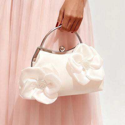 Flor perlas boda satén bolsos de noche en blanco 