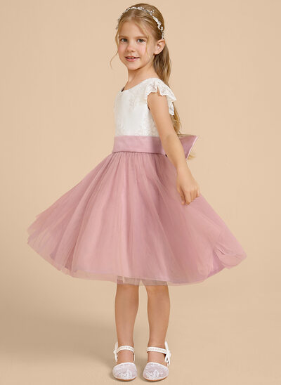 A-line Scoop Knee-Length Tulle Lace Flower Girl Dress With Bow Sash 