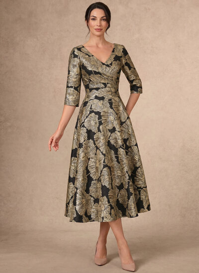 A-line V-Neck Pleated Jacquard Dress