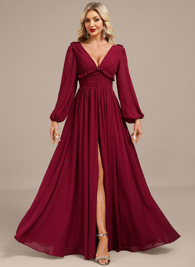 A-line V-Neck Floor-Length Chiffon Evening Dress With Pleated 