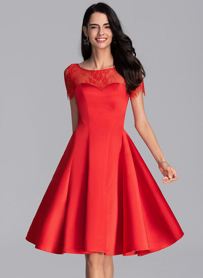 A-Line Scoop Neck Knee-Length Satin Homecoming Dress 