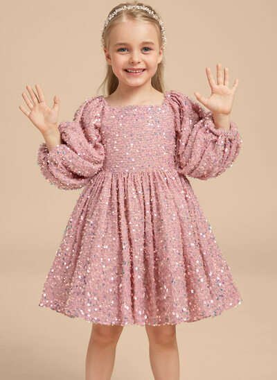 A-linja square polvipituinen paljetti kukka tyttö mekot 