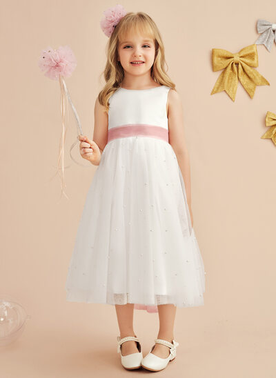 A-line Scoop Tea-Length Satin Tulle Flower Girl Dress With Bow Sash Beading 