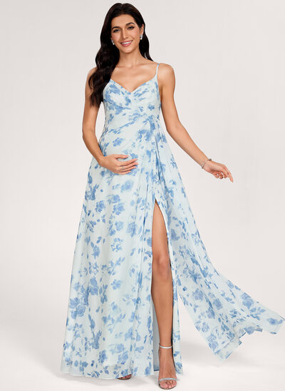 Kjole med A-linje V-hals Gulvlængde Chiffon Graviditetskjoler med Plisseret 