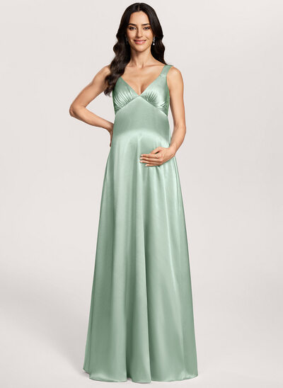 A-line Pleated Stretch Satin Maternity Dress