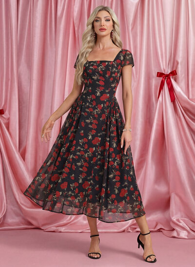 A trapezio scollo quadrato midi chiffon abito da cocktail con stampa floreale 