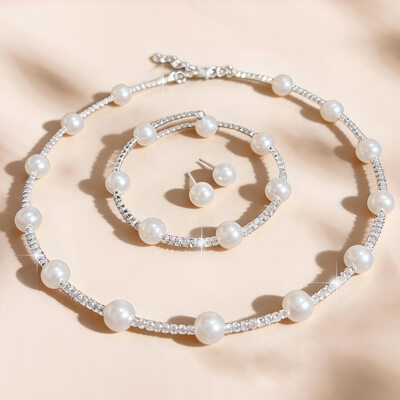 Classic Pearl Wedding Bracelet Earrings Necklace Jewelry Sets (Set of 3) 