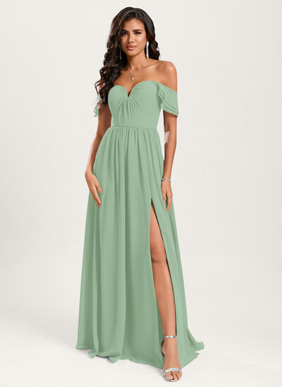 A-line Off the Shoulder Ruffle Chiffon Dress