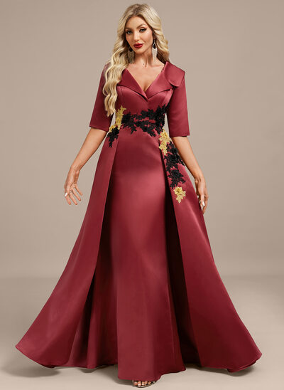 Robe de soirée fourreau col v avec col longueur ras du sol satin avec surjupe fleurs en 3d appliques de dentelle 