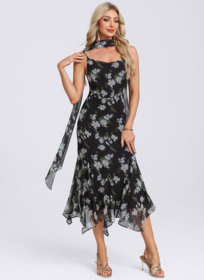 Cowl Blomsterprint Chiffon Midi Kjole