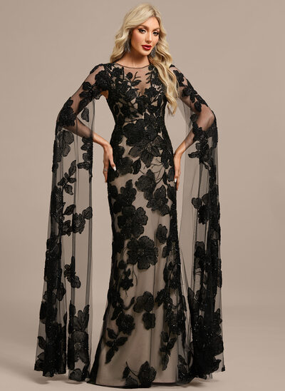 Sheath/Column Boat Neck Illusion Floor-Length Lace Evening Dress With Beading 