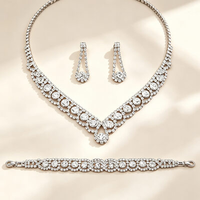 Vintage Rhinestone Wedding Prom Bracelet Earrings Necklace Jewelry Sets (Set of 3) 