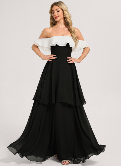 Robe de demoiselle d'honneur trapèze col v longueur ras du sol mousseline avec volants en cascade noir et blanc 